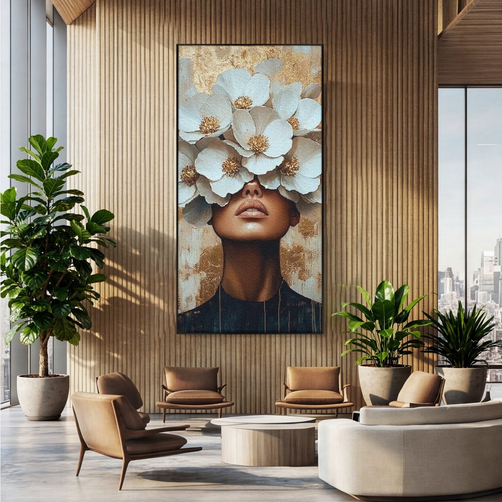 Tablou canvas cu tablou canvas portret feminin cu flori, in rama de aluminiu negru, pe perete intr-un birou